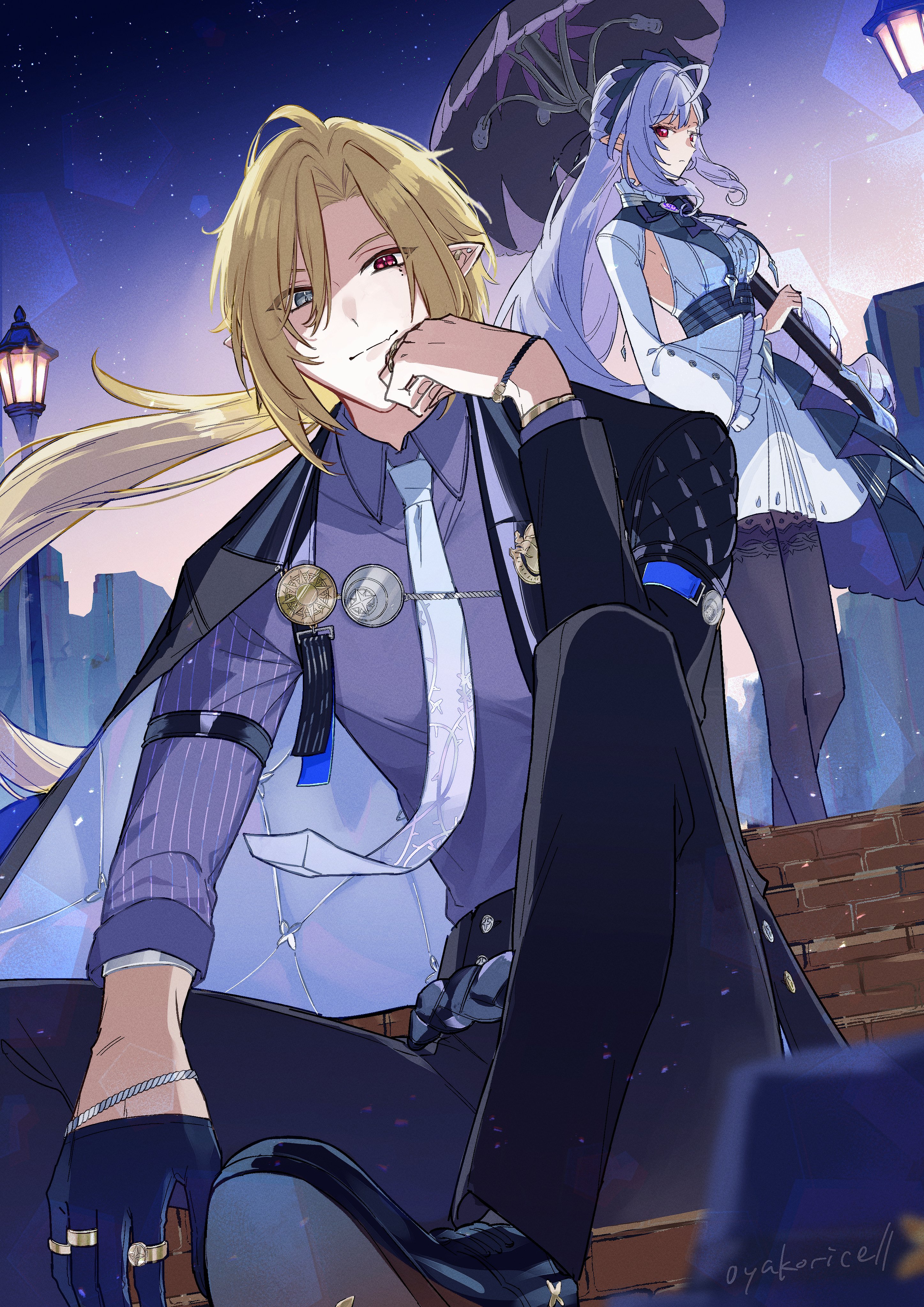 oyakoricell, hugo vlad, vivian banshee, zenless zone zero, absurdres, highres, 1boy, 1girl, arm out of sleeve, ascot, bicep strap, black jacket, black pants, black pantyhose, black shoes, blonde hair, bracelet, center frills, dress, dress shoes, frilled sleeves, frills, gem, gold ring, gradient necktie, grey eyes, hairband, heterochromia, holding, holding umbrella, jacket, jewelry, lamppost, lapel pin, lapels, mole, mole under eye, multiple rings, necktie, notched lapels, pants, pantyhose, patterned legwear, pointy ears, purple ascot, purple gemstone, purple hair, purple hairband, purple shirt, purple umbrella, red eyes, ring, shirt, shoes, shrug (clothing), sideboob cutout, sitting, striped clothes, suit jacket, umbrella, vertical-striped clothes, white dress, white necktie, white shrug