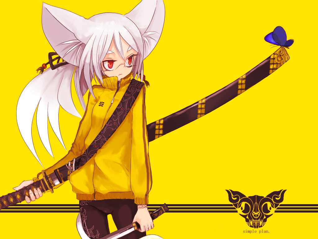 enchi, original, animal ears, bug, butterfly, cat ears, glasses, grey hair, insect, katana, mouse ears, ponytail, red eyes, solo, sword, weapon