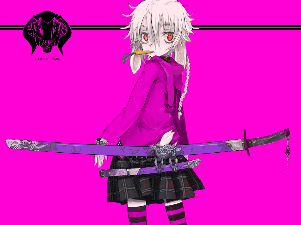 enchi, original, animal ears, bracelet, braid, bug, carrot, grey hair, hood, hoodie, jewelry, katana, looking back, ponytail, rabbit ears, rabbit tail, red eyes, short hair, single braid, skirt, solo, spider, striped clothes, striped thighhighs, sword, tail, thighhighs, weapon