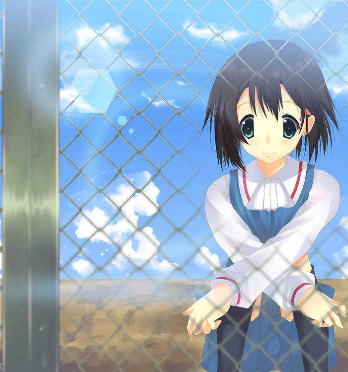 isurugi noe, true tears, 00s, 1girl, black hair, chain-link fence, female focus, fence, green eyes, short hair, solo