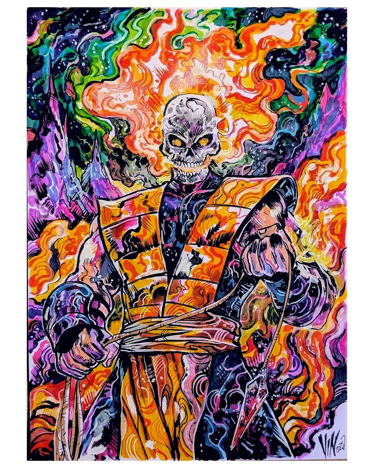 vinartwork, hanzo hasashi, scorpion (mortal kombat), mortal kombat (series), highres, 1boy, abstract background, artist name, burning, dagger, fingerless gloves, fire, gloves, glowing, glowing eyes, holding, holding dagger, holding knife, holding kunai, holding weapon, knife, kunai, male focus, muscular, muscular male, ninja, no pupils, reverse grip, signature, skull, solo, weapon