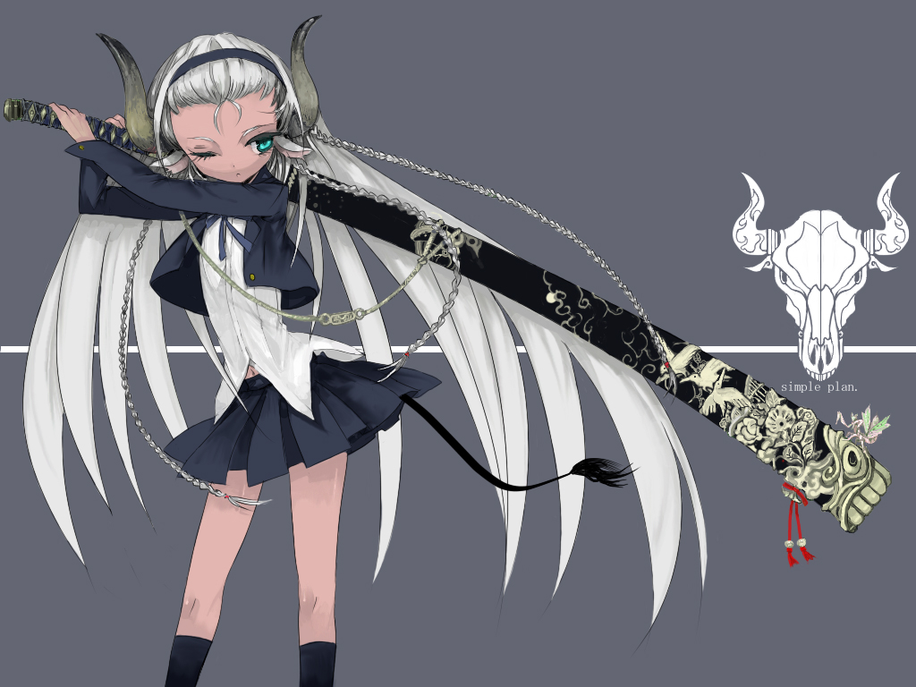 enchi, original, 1girl, animal ears, aqua eyes, bug, cow ears, cow girl, female focus, grey hair, hairband, horns, kneehighs, long hair, ribbon, school uniform, serafuku, skirt, socks, solo, sword, tail, very long hair, weapon