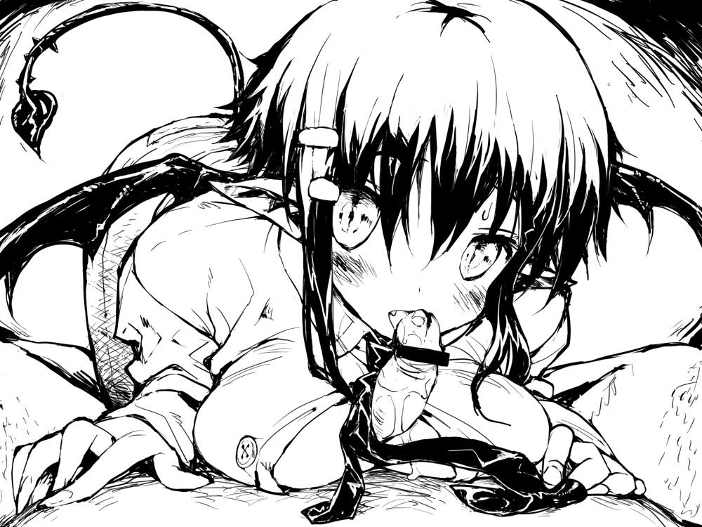 mutsutake, original, 1girl, breasts, censored, demon, demon girl, demon tail, fellatio, greyscale, huge breasts, monochrome, necktie, oral, paizuri, penis, pointy ears, solo focus, tail, wings