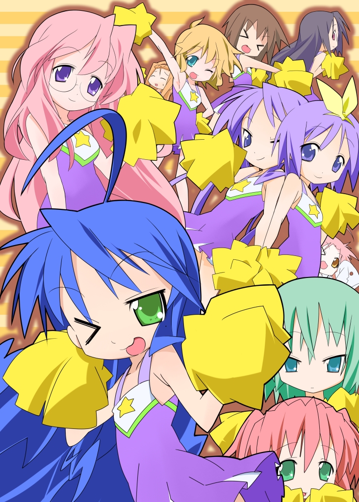 nyuusankin, hiiragi kagami, hiiragi tsukasa, iwasaki minami, izumi konata, kobayakawa yutaka, kogami akira, kusakabe misao, minegishi ayano, patricia martin, takara miyuki, tamura hiyori, lucky star, > <, 00s, 6+girls, cheerleader, closed eyes, cousins, everyone, glasses, mole, mole under eye, multiple girls, pom pom (cheerleading), siblings, sisters, twins