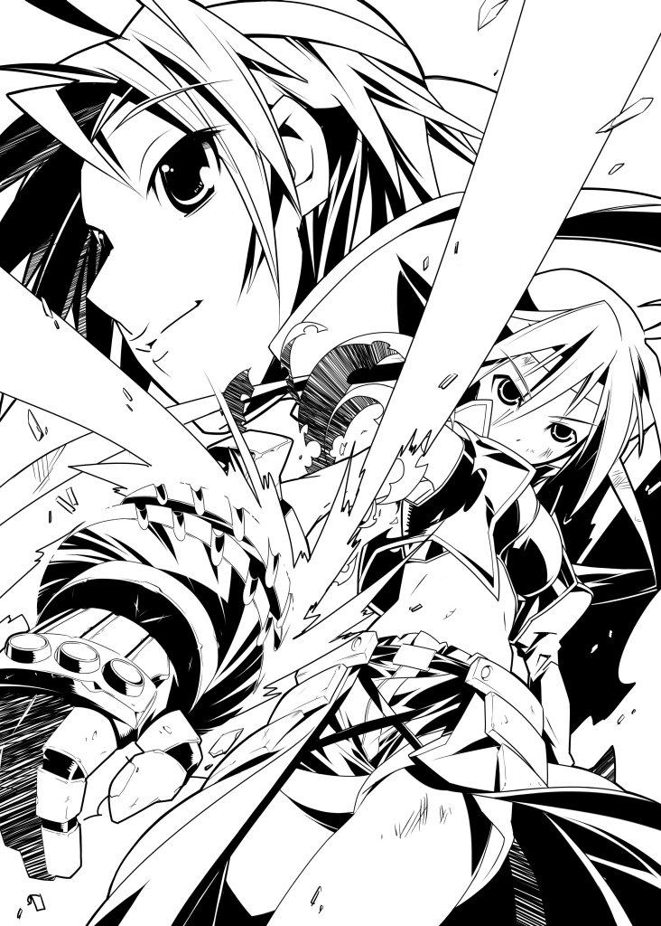 nyuusankin, revolver knuckle, subaru nakajima, lyrical nanoha, mahou shoujo lyrical nanoha, mahou shoujo lyrical nanoha strikers, light, uniform, 00s, 1girl, dress, greyscale, light rays, long sleeves, looking at viewer, magic, monochrome, profile, short hair, upper body