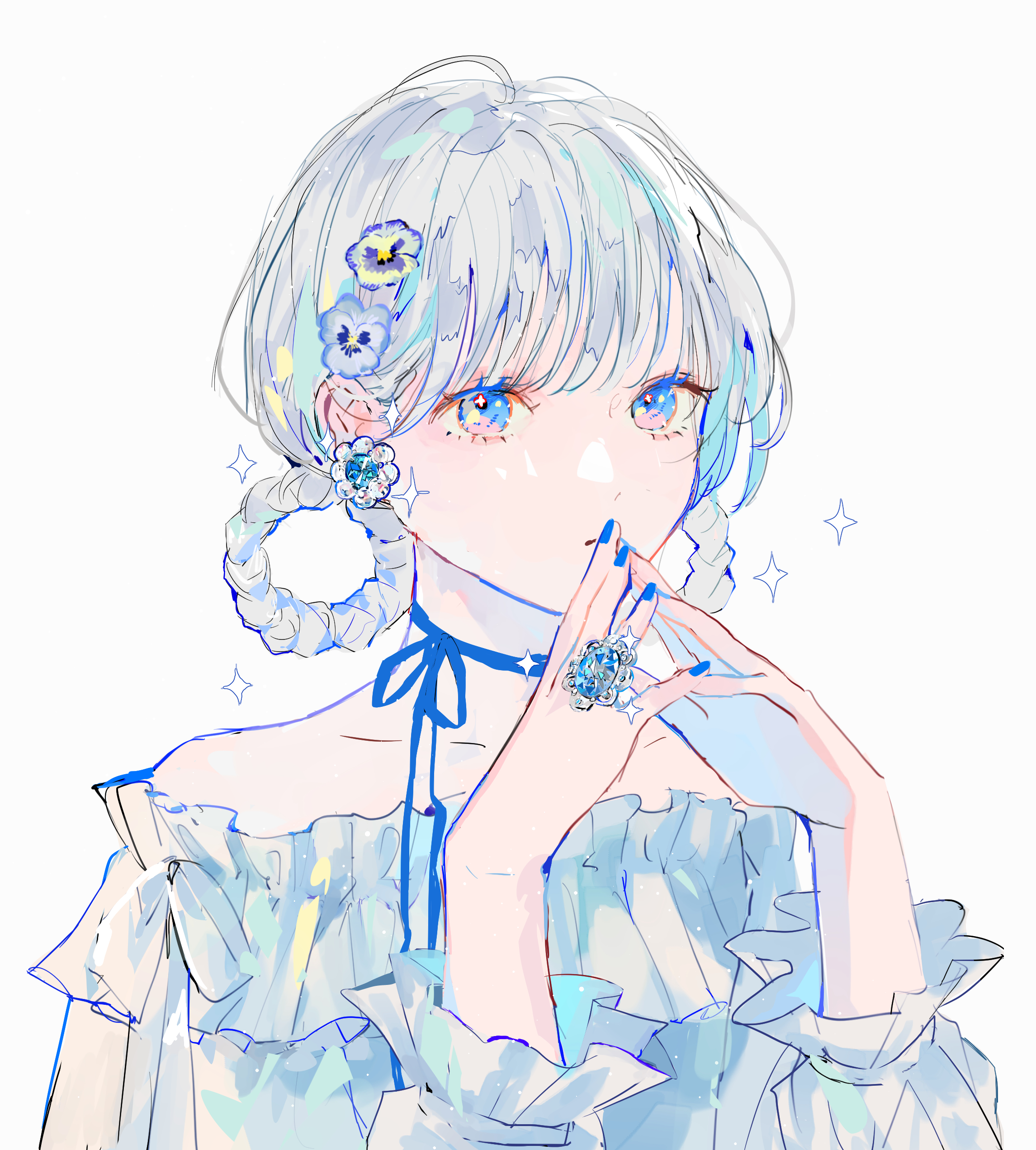 hagimorijia, original, absurdres, highres, 1girl, bare shoulders, blue choker, blue eyes, blue flower, blue gemstone, blue nails, blue ribbon, braid, choker, collarbone, dress, earrings, flower, flower earrings, frilled shirt, frilled sleeves, frills, gem, grey hair, hair flower, hair ornament, hair rings, hands up, jewelry, long sleeves, looking at viewer, multicolored eyes, nail polish, off-shoulder dress, off-shoulder shirt, off shoulder, own hands together, ribbon, ribbon choker, ring, shirt, simple background, solo, sparkle, steepled fingers, upper body, white background, white hair