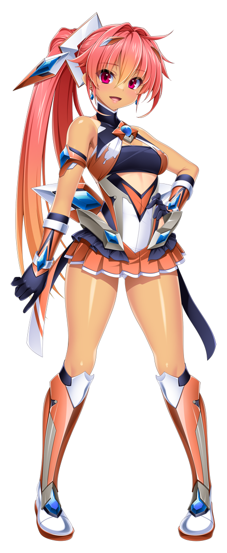rindou (radical dream), exs-tia sol, oosumi kanon, kouyoku senki exs-tia concert, game cg, large variant set, non-web source, official art, variant set, 1girl, armlet, bare shoulders, black gloves, boots, breasts, clothing cutout, earrings, full body, gloves, gradient hair, hair intakes, hair ornament, hand on own hip, high ponytail, jewelry, knee boots, leotard, long hair, looking at viewer, medium breasts, miniskirt, multicolored hair, open mouth, orange hair, orange skirt, pink eyes, pink hair, pleated skirt, ponytail, red eyes, shiny skin, side ponytail, skirt, smile, solo, standing, tan, transparent background, turtleneck, underboob cutout, very long hair