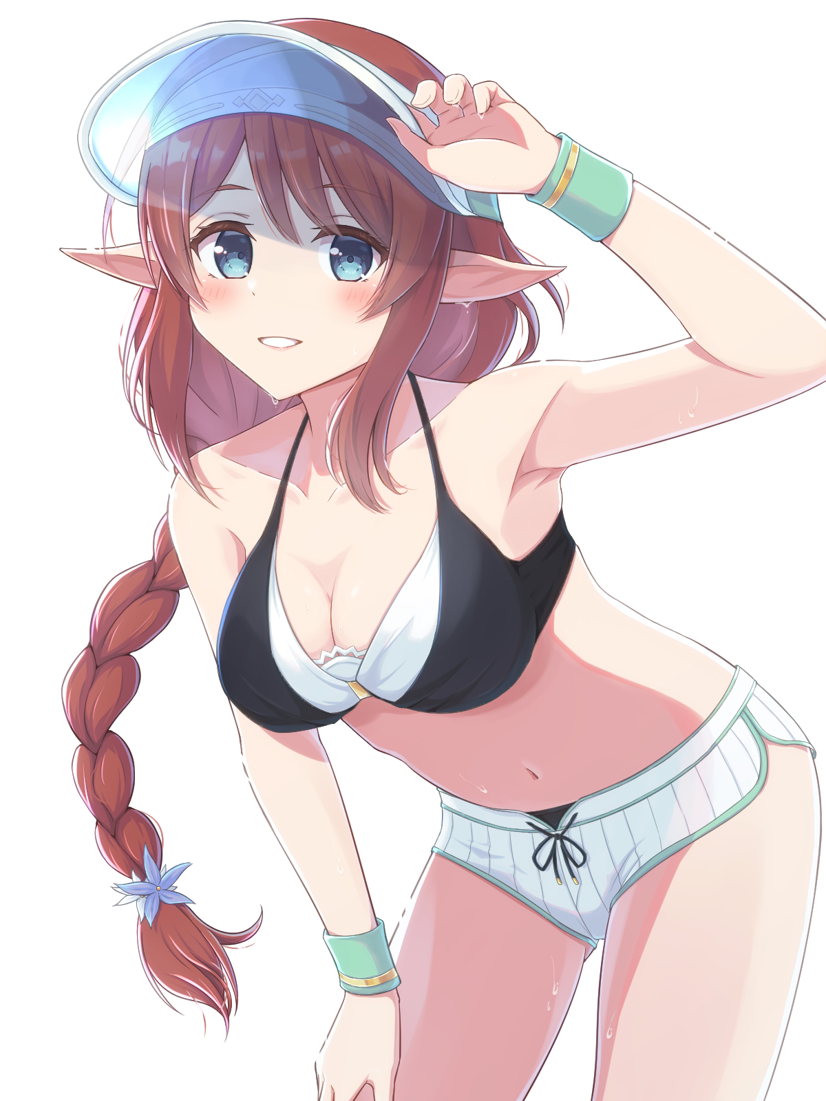 kec (kc0611), misato (princess connect!), misato (summer) (princess connect!), princess connect!, highres, 1girl, arm up, armpits, bikini, bikini under shorts, black bikini, blue eyes, braid, breasts, brown hair, cleavage, dolphin shorts, elf, gluteal fold, green trim, halterneck, hand on own hat, hand on own thigh, large breasts, layered bikini, leaning forward, long hair, looking at viewer, navel, pointy ears, short shorts, shorts, simple background, single braid, smile, solo, standing, striped clothes, striped shorts, sweatband, swimsuit, teeth, vertical-striped clothes, visor cap, white background, white bikini, white shorts, wristband