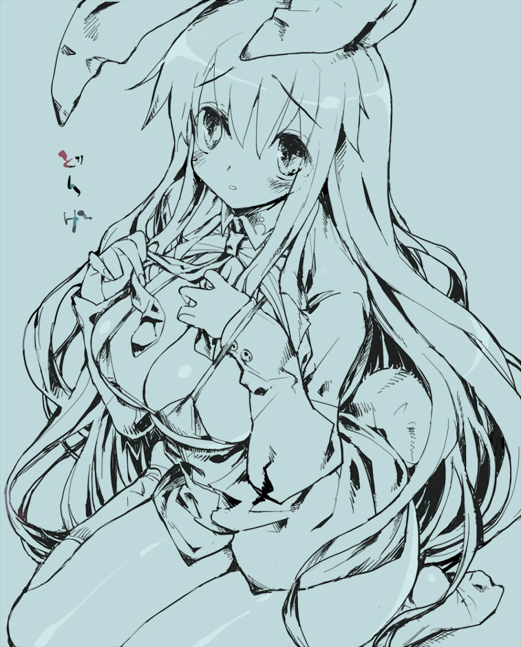 mutsutake, reisen udongein inaba, touhou, 1girl, animal ears, blue theme, breasts, cleavage, female focus, large breasts, monochrome, rabbit ears, sitting, solo, undressing, wariza