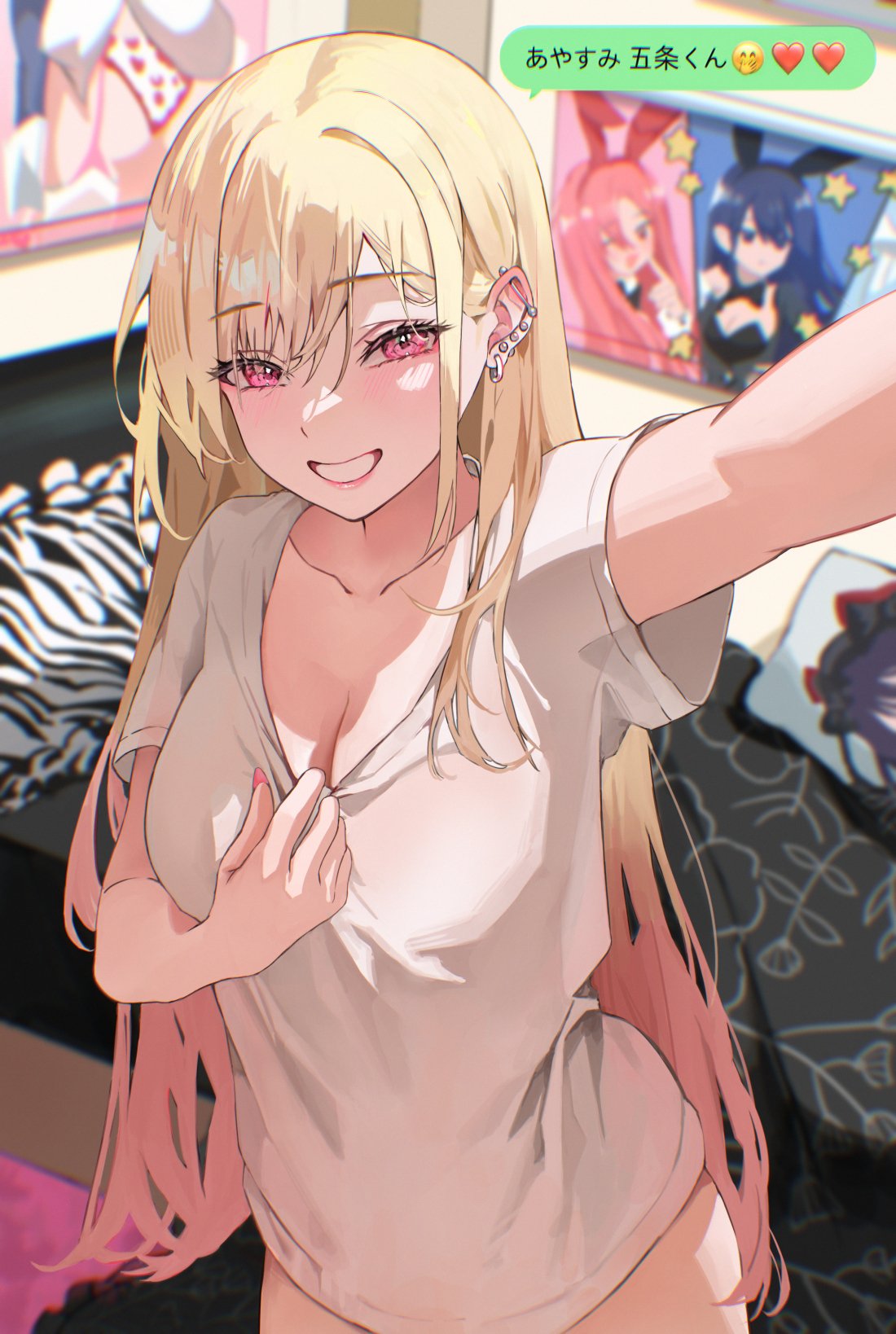 kitagawa marin, sono bisque doll wa koi wo suru, commentary, highres, 1girl, 3wata ame3, animal print, barbell piercing, bed, bedroom, blonde hair, blurry, blurry background, bottomless, breasts, cleavage, collarbone, cowboy shot, ear piercing, fingernails, grin, gyaru, hair behind ear, indoors, industrial piercing, light blush, long fingernails, long hair, looking at viewer, nail polish, naughty face, outstretched arm, piercing, pillow, pink eyes, poster (object), pulling own clothes, red nails, shirt, short sleeves, single sidelock, smile, solo, standing, text messaging, translucent, very long hair, white shirt, zebra print