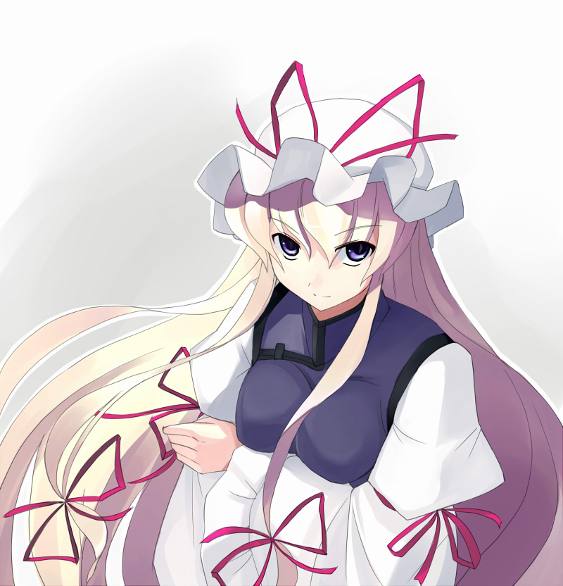 seo tatsuya, yakumo yukari, touhou, 1girl, blonde hair, bow, dress, female focus, hair bow, hat, long hair, purple eyes, ribbon, solo