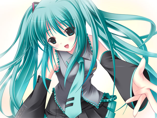 amino, amino kohaku, hatsune miku, vocaloid, eyebrows, 1girl, :d, aqua hair, aqua necktie, arm at side, black skirt, blue eyes, blue hair, blush, collared shirt, detached sleeves, female focus, gradient background, grey shirt, hair between eyes, hair ornament, long hair, matching hair/eyes, miniskirt, necktie, open mouth, outstretched arm, pleated skirt, reaching, shirt, skirt, smile, solo, twintails, upper body