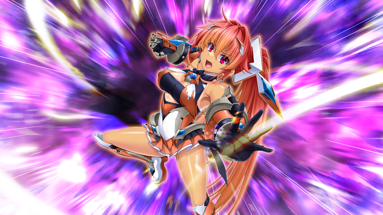 rindou (radical dream), exs-tia sol, oosumi kanon, kouyoku senki exs-tia concert, game cg, large variant set, non-web source, official art, variant set, 1girl, armpits, bare shoulders, black gloves, boots, breasts, chest jewel, cleavage, clenched hand, covered erect nipples, covered navel, dark-skinned female, dark skin, elbow gloves, gauntlets, genderswap, gloves, hair between eyes, hair intakes, hair ornament, headgear, knee boots, large breasts, long hair, looking at viewer, magical girl, miniskirt, open mouth, orange hair, orange skirt, outstretched arm, pleated skirt, ponytail, red eyes, red hair, shiny skin, skirt, solo, very long hair