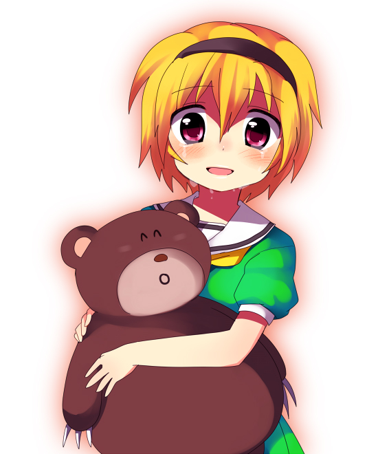 subaru (yachika), houjou satoko, higurashi no naku koro ni, 00s, 1girl, blonde hair, female focus, hairband, red eyes, short hair, solo, stuffed animal, stuffed toy, teddy bear