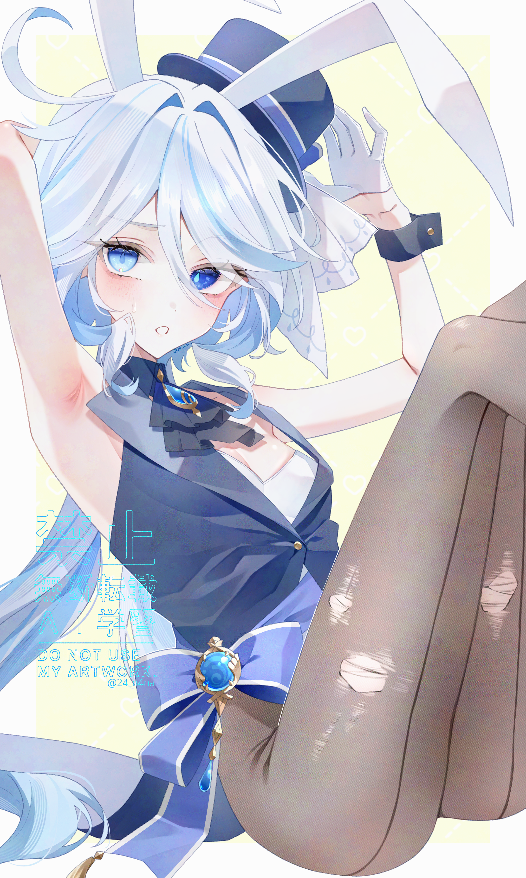 jujube 2513, furina (genshin impact), genshin impact, absurdres, highres, 1girl, ahoge, animal ears, armpits, ascot, black ascot, blue brooch, blue eyes, blue gemstone, blue hair, blue hat, breasts, bunny day, drop-shaped pupils, fake animal ears, gem, gloves, hat, heterochromia, leotard, long hair, looking at viewer, mismatched pupils, multicolored hair, pantyhose, rabbit ears, sitting, solo, streaked hair, symbol-shaped pupils, tailcoat playboy bunny, top hat, torn clothes, torn pantyhose, twitter username, vest, waistcoat, white background, white gloves, white hair, white leotard, wrist cuffs