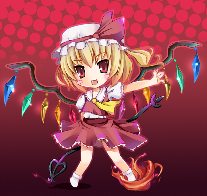tomusooya, flandre scarlet, touhou, 1girl, :d, arm behind back, ascot, blonde hair, blouse, blush, chibi, collared shirt, crystal, demon wings, fang, female focus, full body, gradient background, hat, laevatein, looking at viewer, mob cap, open mouth, outstretched arm, puffy short sleeves, puffy sleeves, red background, red eyes, red skirt, shirt, short hair, short sleeves, side ponytail, skirt, smile, socks, solo, standing, tareme, white hat, white shirt, white socks, wings