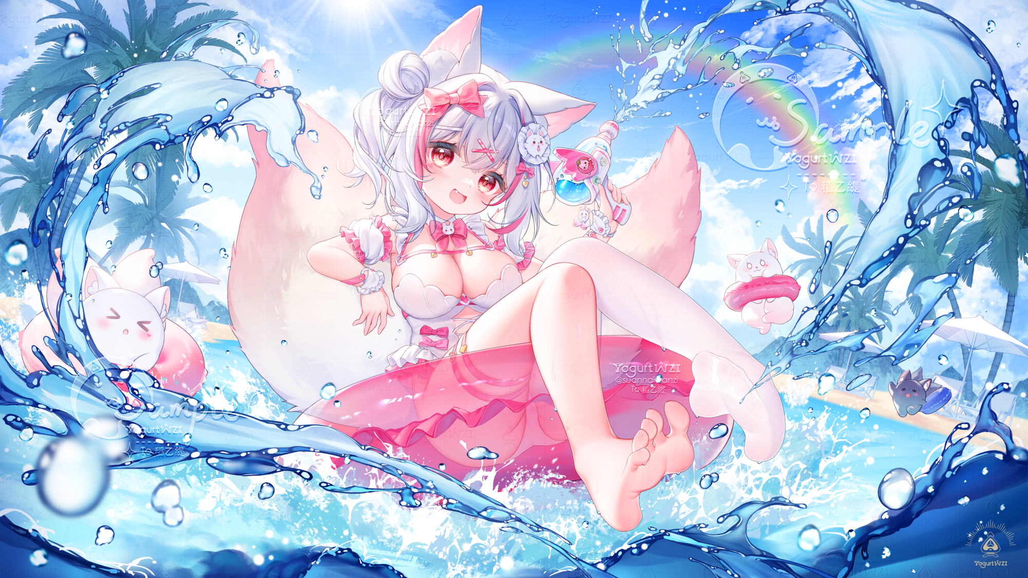 suaynnai wanzi, iiti (vtuber), indie virtual youtuber, commission, highres, 1girl, :d, animal ear fluff, animal ears, barefoot, blue sky, bow, breasts, cleavage, cloud, day, detached sleeves, fang, feet, fox ears, fox girl, fox tail, hair bow, hair bun, hair ornament, holding, innertube, large breasts, legs, looking at viewer, multicolored hair, multiple tails, no shoes, one-piece swimsuit, open mouth, outdoors, pink hair, puffy sleeves, rainbow, red eyes, single thighhigh, sky, smile, soles, solo, streaked hair, swim ring, swimsuit, tail, thighhighs, toes, virtual youtuber, water, water gun, white hair, white sleeves, white thighhighs, x hair ornament