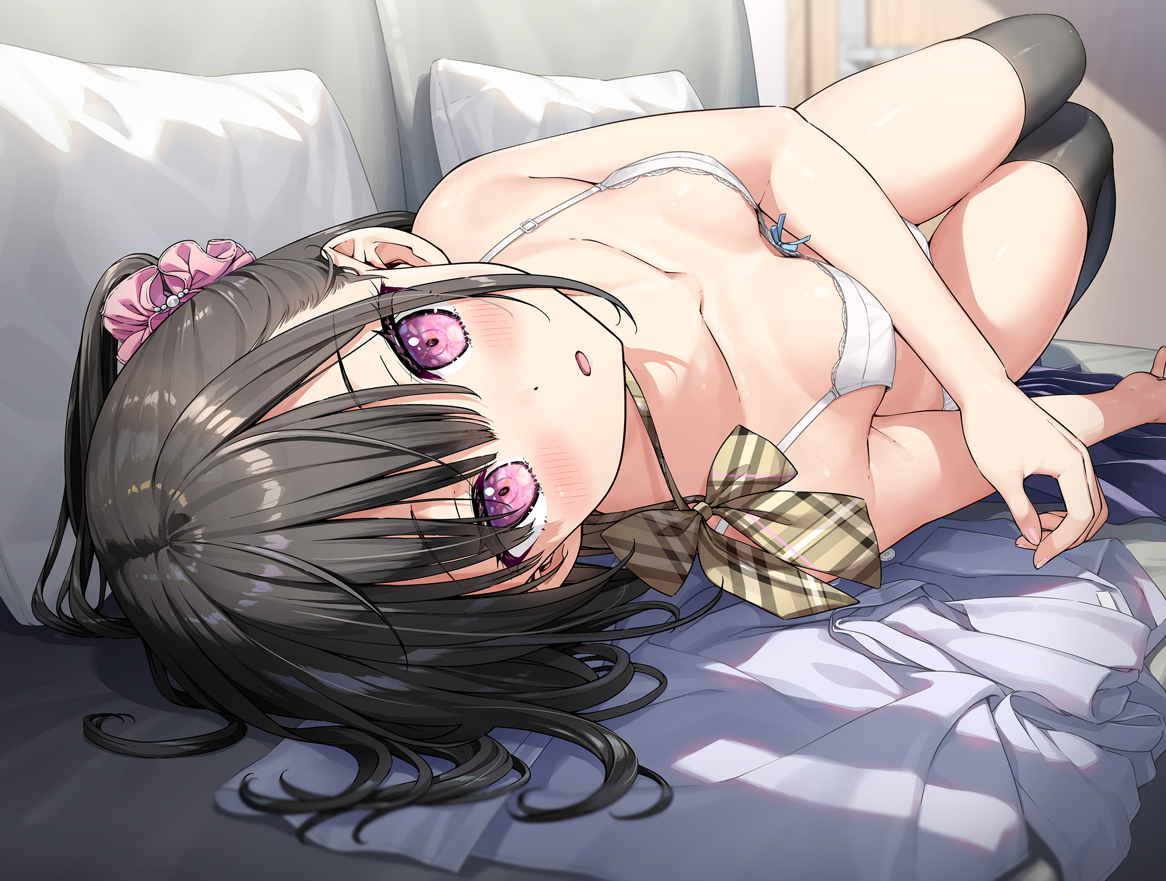 kantoku, shizuku (kantoku), original, highres, 1girl, black hair, black thighhighs, blush, bow, bowtie, bra, breasts, collarbone, dot nose, green bow, green bowtie, hair ornament, hair scrunchie, imouto day, indoors, looking at viewer, open mouth, panties, pillow, plaid bow, plaid bowtie, plaid clothes, purple eyes, scrunchie, shirt, skirt, small breasts, solo, thighhighs, thighs, underwear, underwear only, unworn shirt, unworn skirt, white bra, white panties