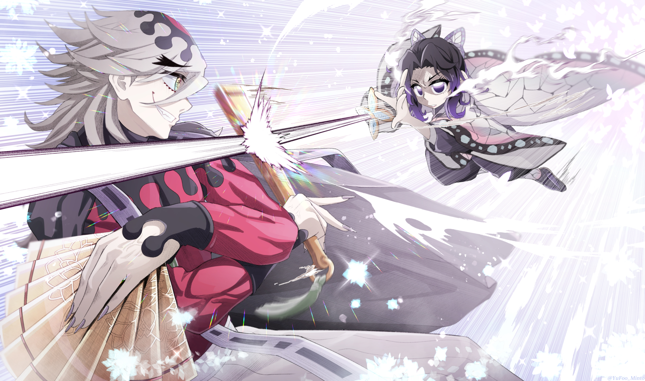 minto yupo, douma (kimetsu no yaiba), kochou shinobu, kimetsu no yaiba, highres, non-web source, 1boy, 1girl, black hair, demon slayer uniform, fingernails, holding, holding weapon, multicolored eyes, patterned hair, rainbow eyes, sharp fingernails, text in eyes, weapon