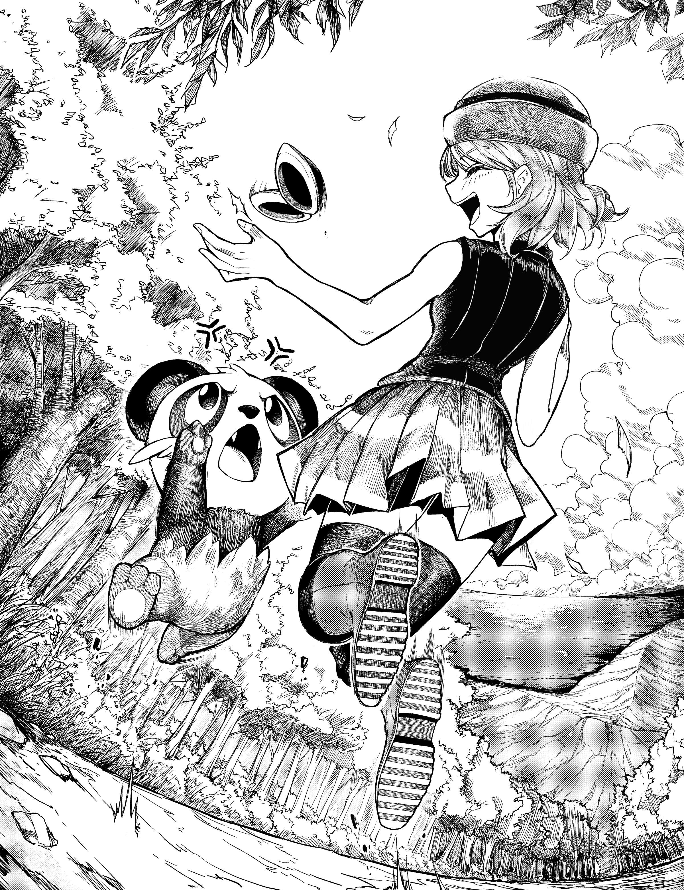 kokoniau, pancham, serena (pokemon), nintendo, pokemon, pokemon (anime), pokemon xy (anime), absurdres, commentary request, highres, 1girl, anger vein, blush, boots, closed eyes, eyelashes, fangs, fingernails, forest, gen 6 pokemon, greyscale, hat, leaf, midair, monochrome, nature, official alternate costume, official alternate hair length, official alternate hairstyle, open mouth, outdoors, pokemon (creature), shirt, short hair, skirt, sky, sleeveless, sleeveless shirt, smile, sunglasses, teeth, thighhighs, tree, unworn eyewear, upper teeth only, water