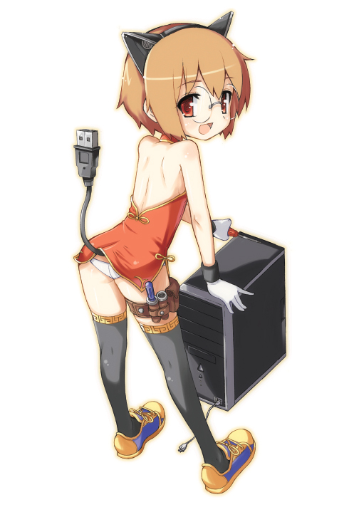 aida takanobu, original, 1girl, animal ears, brown hair, cat, cat ears, cat tail, choker, computer, female focus, glasses, gloves, kneepits, panties, short hair, solo, tail, thigh strap, thighhighs, tools, underwear, usb