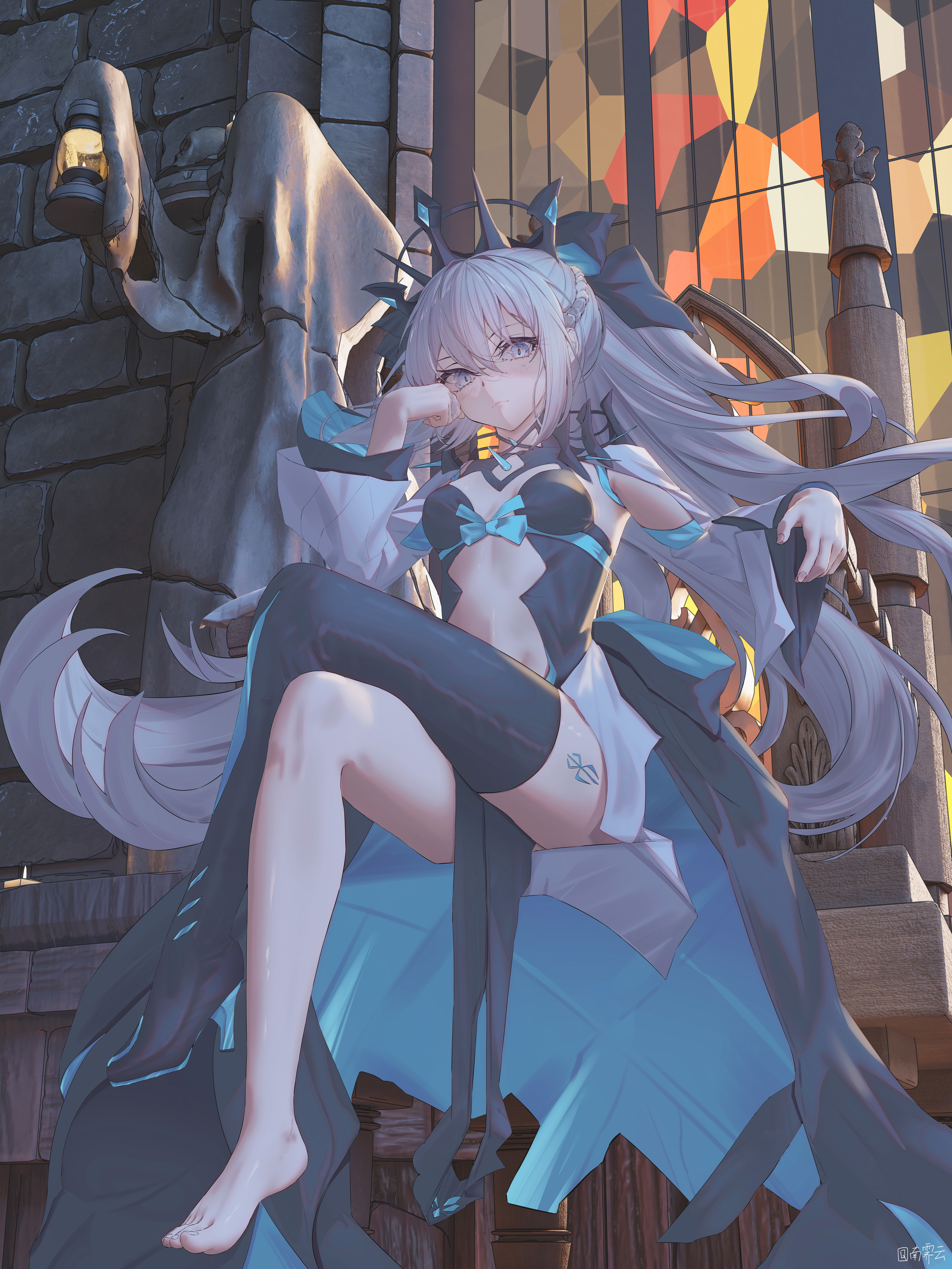 nan ji yun, morgan le fay (fate), morgan le fay (third ascension) (fate), fate/grand order, fate (series), absurdres, highres, 1girl, black bow, black dress, black thighhighs, blue eyes, bow, braid, breasts, center opening, cleavage, crossed legs, dress, grey hair, hair bow, large breasts, long hair, long sleeves, looking at viewer, pelvic curtain, ponytail, sidelocks, single thighhigh, solo, spikes, thighhighs, tiara, two-tone dress, very long hair, white dress, wide sleeves