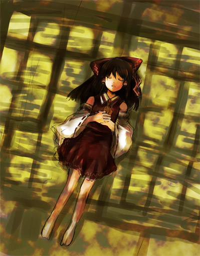 tako (plastic protein), hakurei reimu, touhou, 1girl, barefoot, black hair, female focus, from above, full body, japanese clothes, lying, miko, sleeping, solo