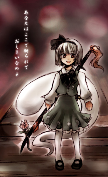 tako (plastic protein), konpaku youmu, konpaku youmu (ghost), touhou, silver hair, translation request, 1girl, female focus, flower, hitodama, katana, mary janes, shoes, solo, sword, weapon