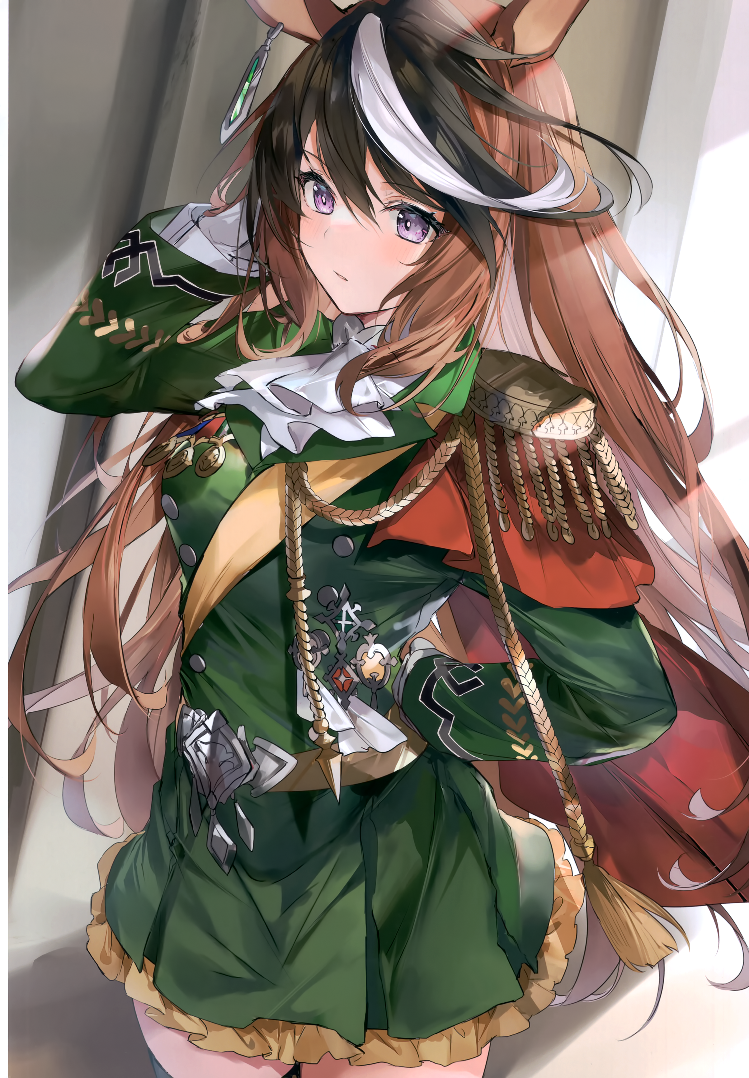 soraneko hino, symboli rudolf (umamusume), umamusume, absurdres, highres, third-party source, 1girl, animal ears, arm up, ascot, belt, black hair, brown hair, buttons, cape, cowboy shot, dress, earrings, epaulettes, gloves, green dress, hair between eyes, horse ears, horse girl, jewelry, long hair, long sleeves, looking at viewer, medal, multicolored hair, purple eyes, red cape, rope, sash, single earring, single epaulette, solo, streaked hair, symboli rudolf (emperor's path) (umamusume), very long hair, white ascot, white gloves, white hair, yellow belt, yellow sash