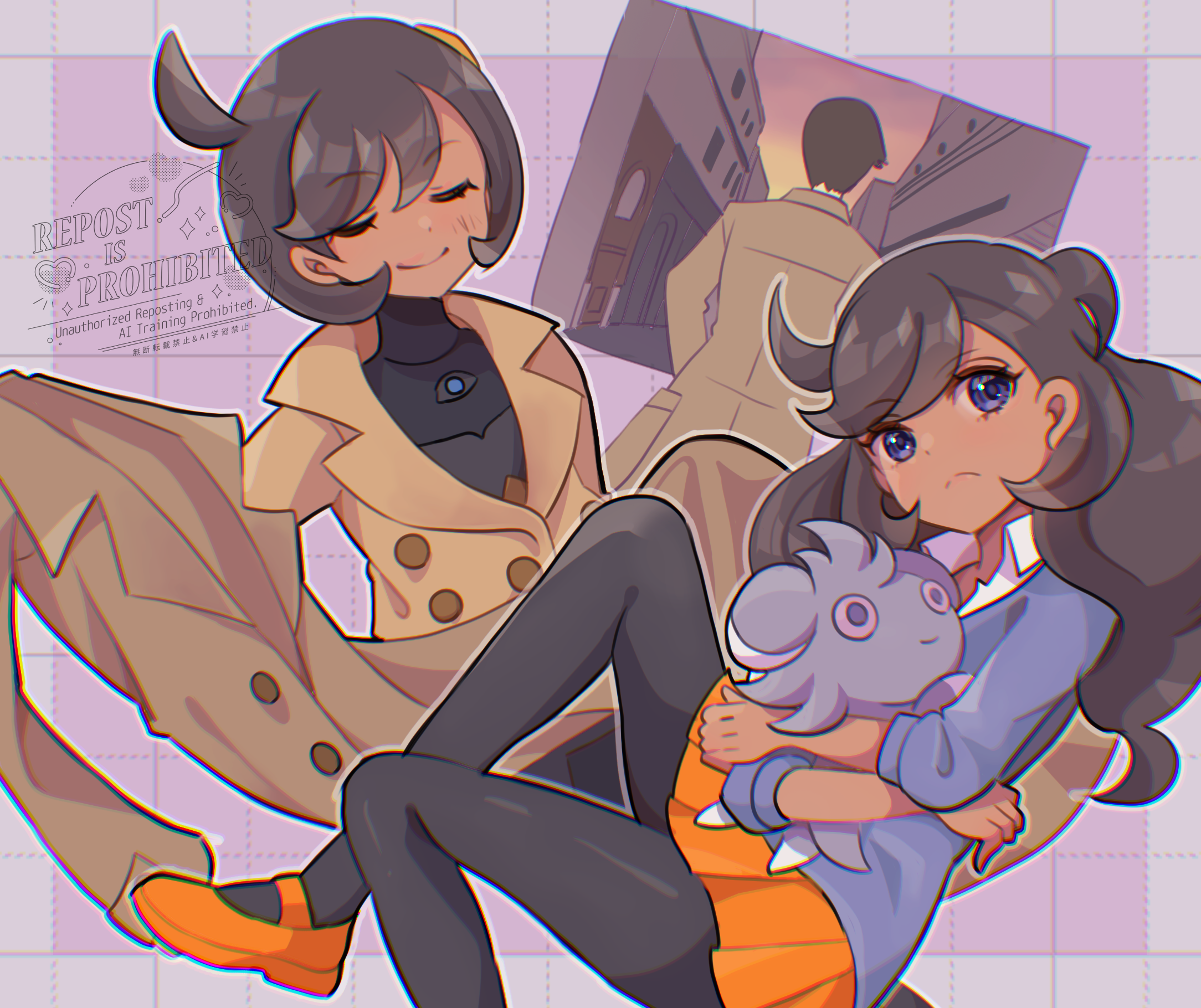 mizuiro123, emma (pokemon), espurr, looker (pokemon), nintendo, pokemon, pokemon legends: z-a, pokemon xy, commentary request, highres, 1boy, 1girl, black bodysuit, black hair, black pantyhose, blue eyes, blue sweater, bodysuit, bodysuit under clothes, breasts, brown hair, brown jacket, closed mouth, coat, collared shirt, dark-skinned female, dark skin, gen 6 pokemon, gloves, holding, jacket, long hair, mega stone, orange shoes, orange skirt, pantyhose, patch, pokemon (creature), shirt, shoes, short hair, skirt, smile, sweater, white shirt