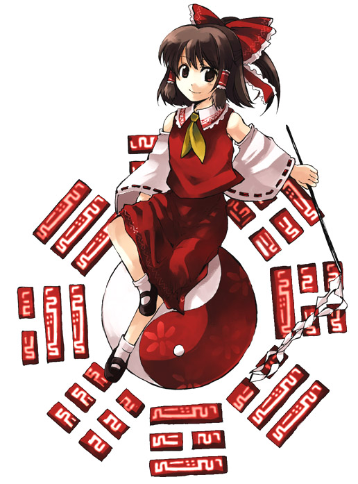 tako (plastic protein), hakurei reimu, touhou, 1girl, female focus, gohei, japanese clothes, miko, smile, solo, trigram, yin yang
