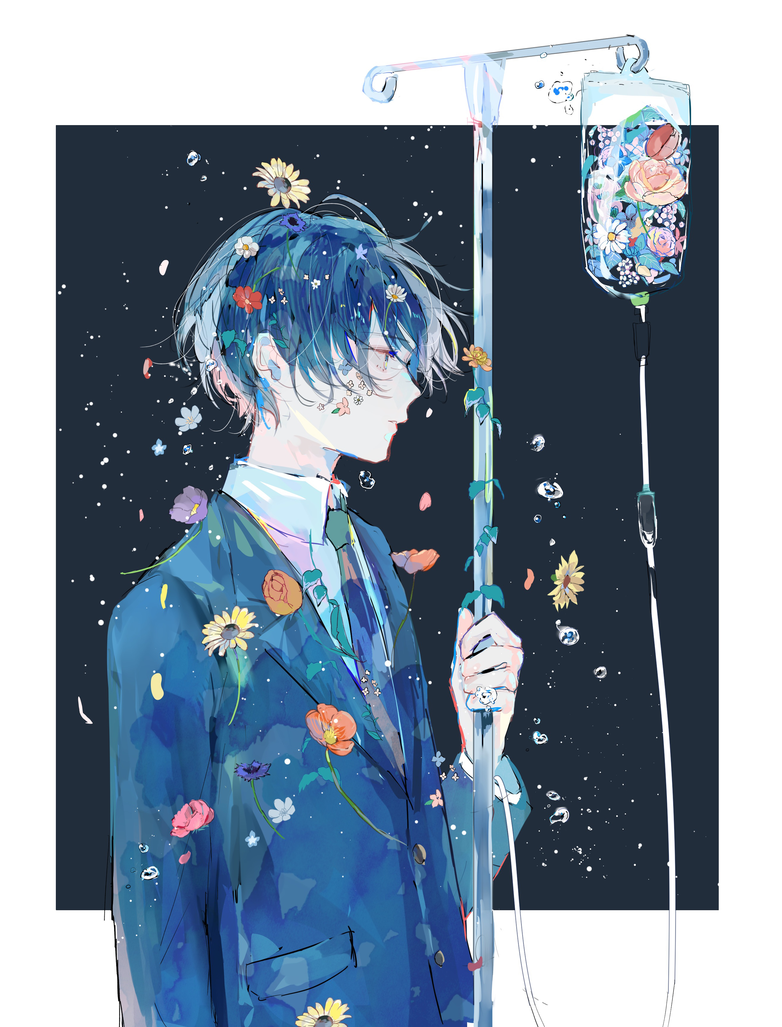 hagimorijia, original, absurdres, highres, 1boy, black background, blue hair, blue jacket, blue necktie, bubble, collared shirt, flower, formal clothes, holding, intravenous drip, jacket, long sleeves, male focus, necktie, petals, pink flower, plant, profile, purple flower, red flower, shirt, short hair, solo, suit, sunflower, upper body, white shirt, yellow flower