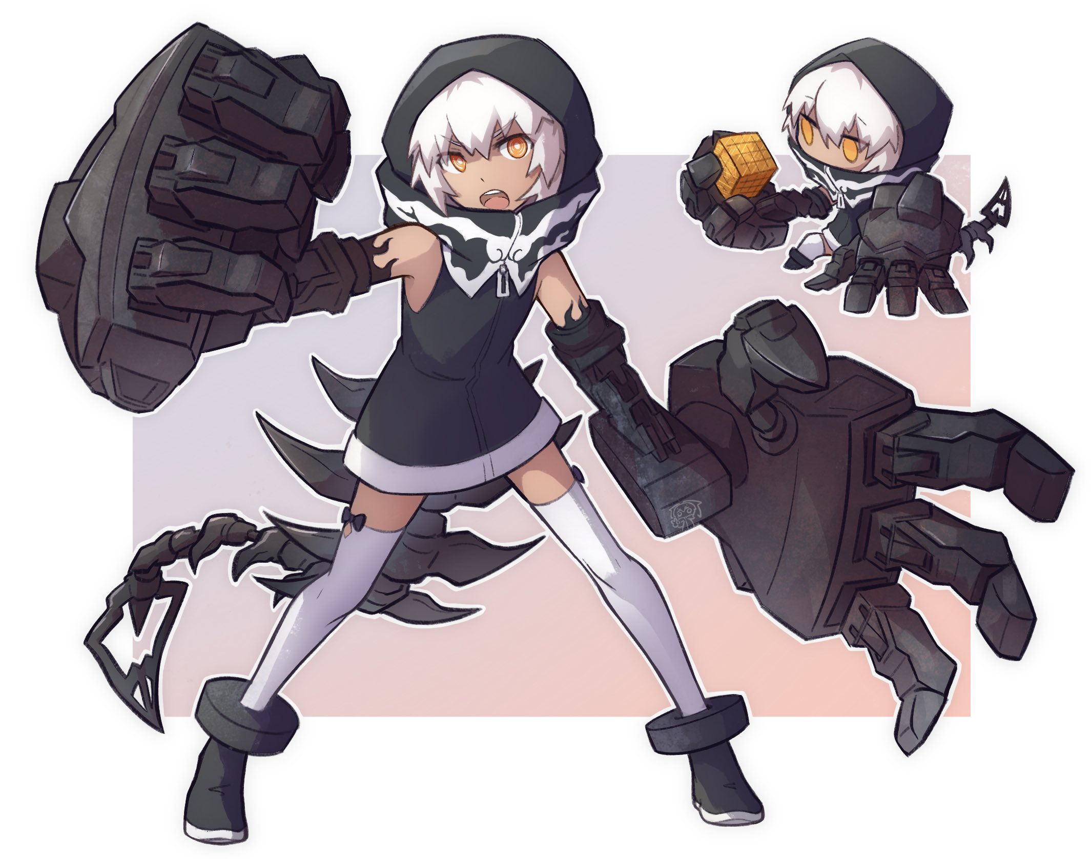 mehyuew39, strength (black rock shooter), black rock shooter, highres, 1girl, black dress, chibi, dark-skinned female, dark skin, demon tail, dress, flame print, high collar, hood, mechanical arms, orange eyes, short dress, short hair, tail, thighhighs, white hair, white thighhighs
