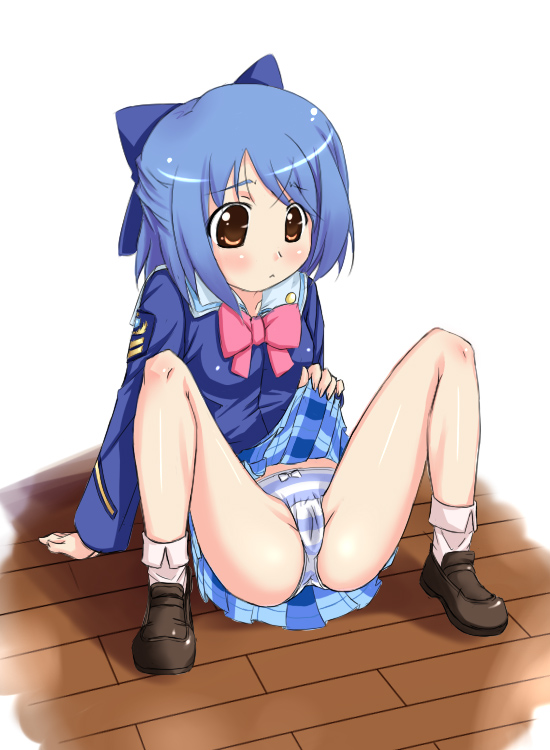 buresu, inamori mika, gakuen utopia manabi straight!, 00s, 1girl, blue hair, bow, cameltoe, female focus, panties, pink bow, plaid clothes, plaid skirt, ribbon, school uniform, serafuku, skirt, solo, spread legs, striped clothes, striped panties, underwear