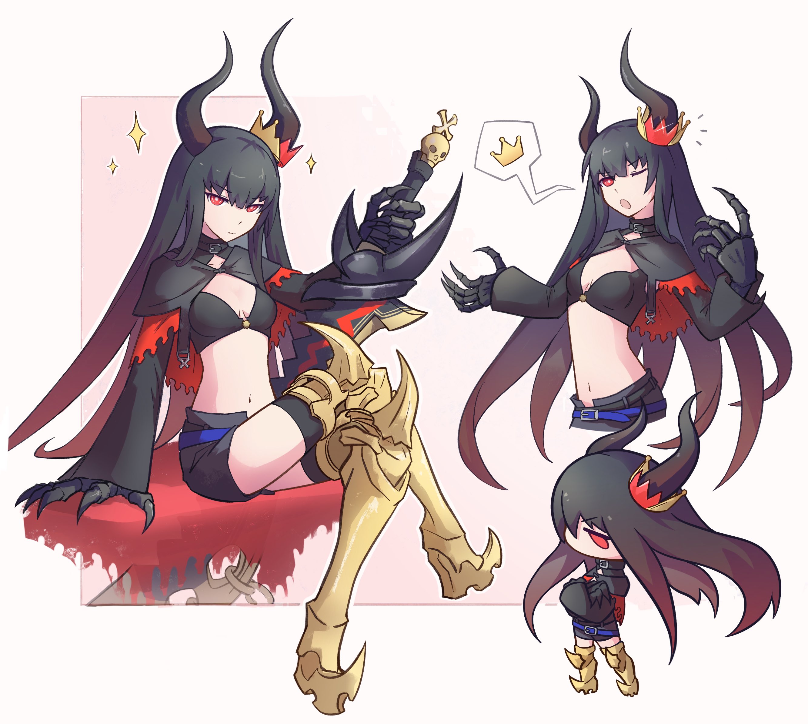mehyuew39, black gold saw, king saw, black rock shooter, black rock shooter arcana, highres, 1girl, armored boots, belt, black hair, black shorts, boots, crown, gradient hair, horns, long hair, multicolored hair, multiple views, red eyes, shorts, sitting, skeletal hand, skull, sword, weapon