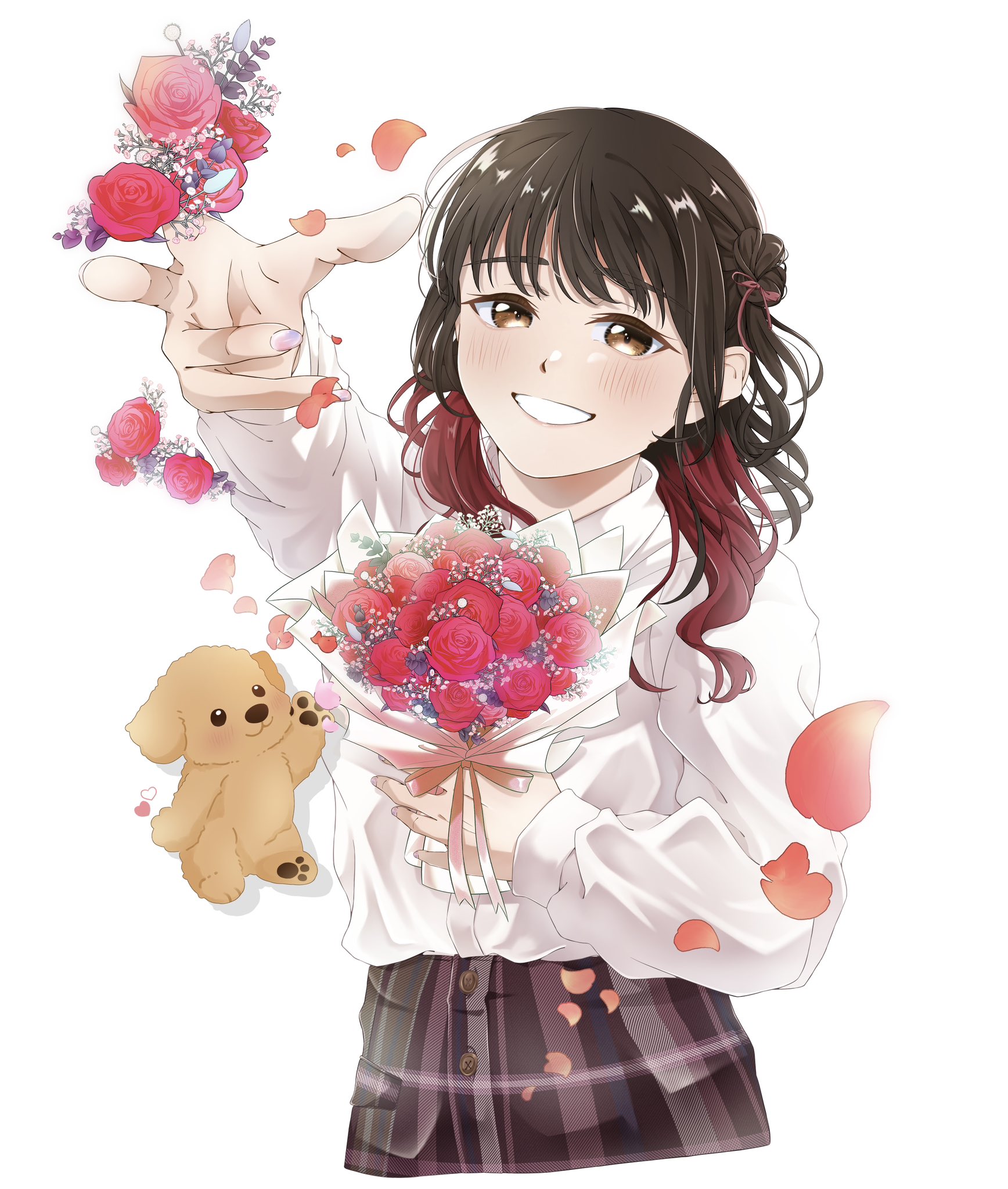 wotaku jinsei enjoy ikioi, real life, commentary request, highres, 1girl, animification, black hair, bouquet, brown eyes, buttons, dog, fingernails, flower, holding, holding bouquet, long hair, long sleeves, looking at viewer, multicolored hair, outstretched arm, pink petals, rose, shirt, smile, teeth, two-tone hair, voice actor, white background, white shirt, yabushima akane