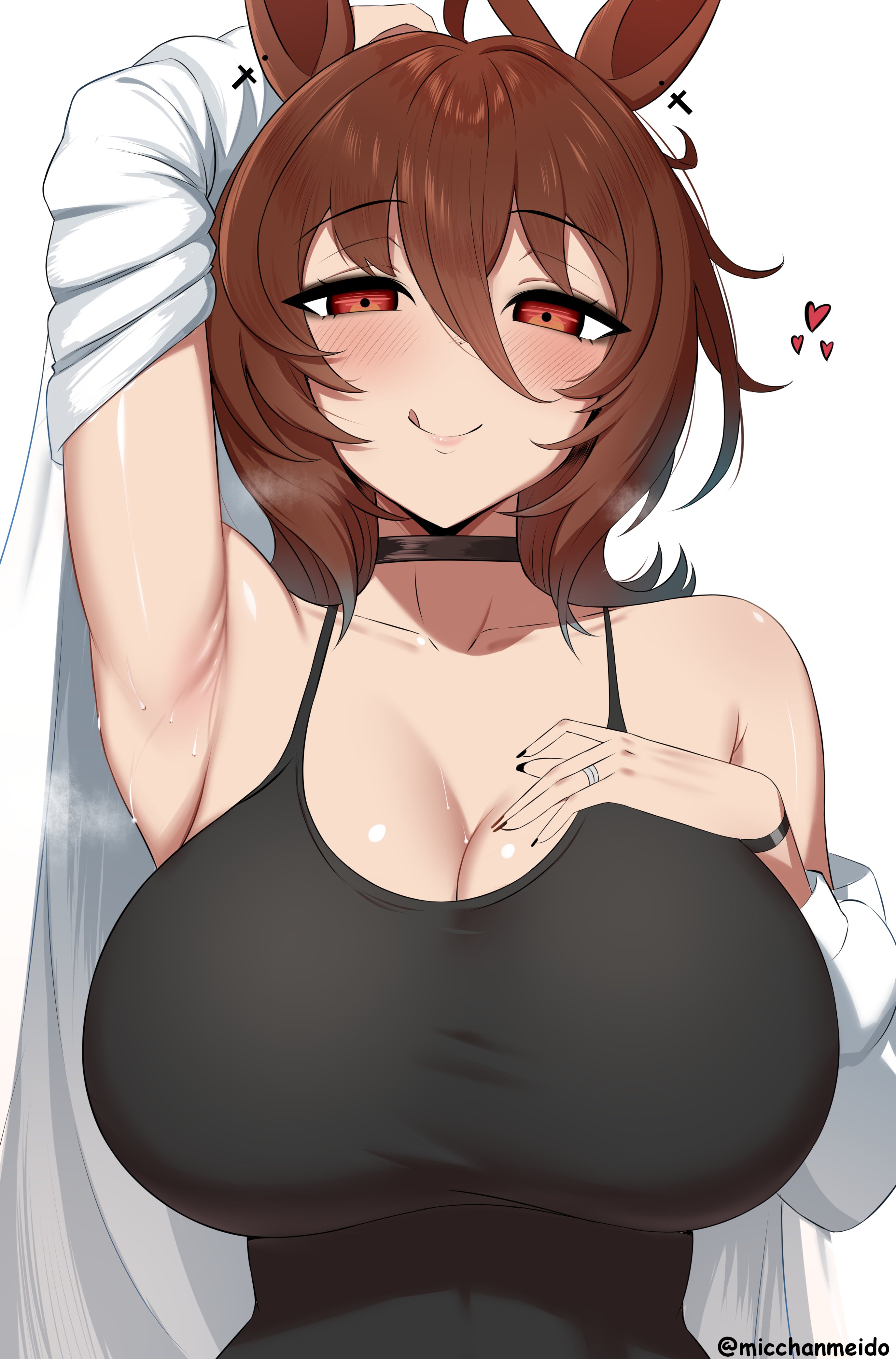 micchan (micchanmeido), agnes tachyon (umamusume), umamusume, absurdres, commentary, english commentary, highres, 1girl, :q, animal ears, arm behind head, arm up, armpits, artist name, black camisole, black choker, blush, breasts, brown hair, camisole, choker, coat, hair between eyes, horse ears, horse girl, lab coat, large breasts, looking at viewer, medium hair, red eyes, simple background, smile, solo, tongue, tongue out, twitter username, white background, white coat