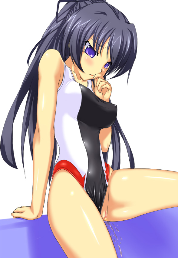 buresu, suzuna takano, memories off, memories off 2nd, 1girl, blue hair, blush, breasts, censored, clothing aside, competition swimsuit, covered erect nipples, female focus, highleg, highleg one-piece swimsuit, impossible clothes, impossible swimsuit, large breasts, long hair, one-piece swimsuit, pee, peeing, ponytail, purple eyes, pussy, solo, swimsuit, swimsuit aside