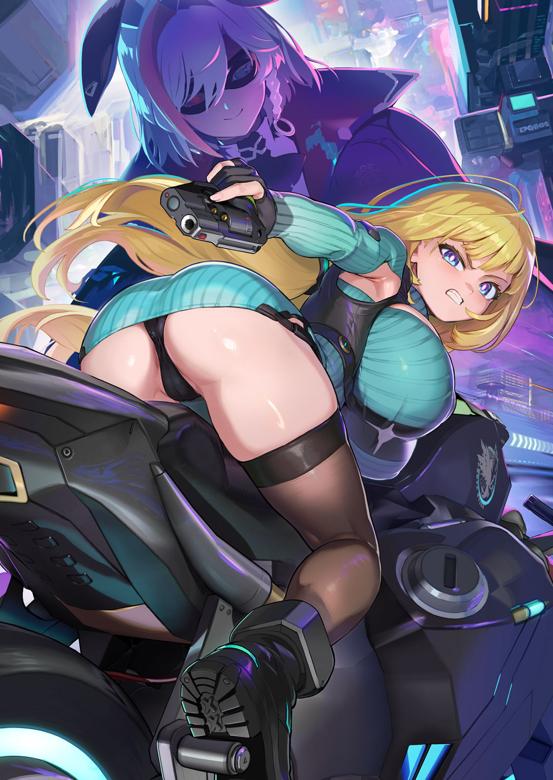 ookuma nekosuke, goetia shock, highres, official art, 1girl, alicia arclight, armpit crease, armpit cutout, ass, black panties, black thighhighs, blonde hair, blue dress, blue eyes, breasts, building, clothing cutout, dress, gun, holding, holding gun, holding weapon, huge breasts, impossible clothes, impossible dress, large breasts, long hair, long sleeves, motor vehicle, motorcycle, panties, partially visible vulva, short dress, striped clothes, teeth, thighhighs, thighs, thong, underwear, very long hair, weapon