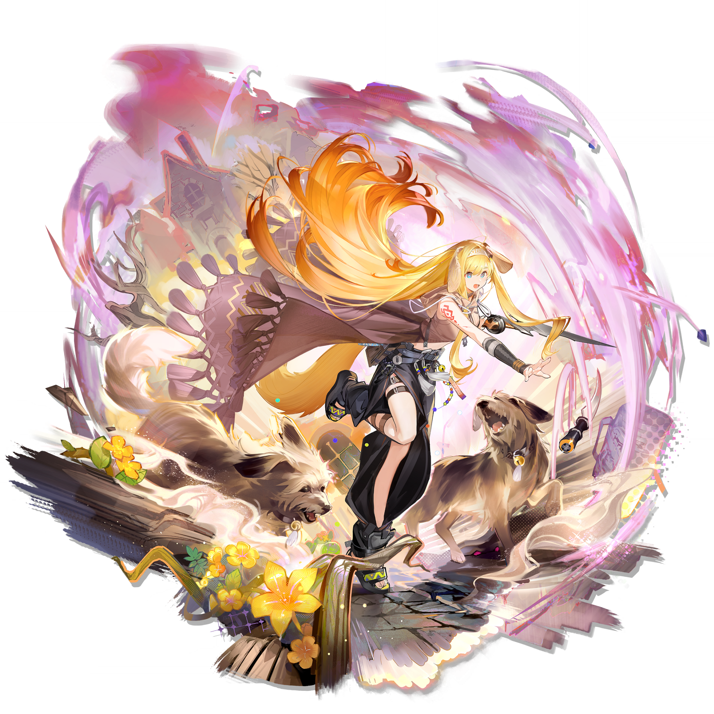 yukuso (dabiandang), brigid (arknights), arknights, highres, official art, third-party source, 1girl, animal, animal ears, arm tattoo, bag, barking, beads, bell, belt, belt pouch, black belt, black pants, black sandals, blonde hair, blue eyes, boomerang, brick road, brown cape, brown shirt, cape, clothing cutout, detached sleeves, dog, dog ears, dog girl, dog tail, dropped object, floating, floating hair, floppy ears, flower, full body, gradient hair, hair floating upwards, hairband, holding boomerang, hood, hood down, hooded shirt, house, knife, leaning forward, leg cutout, leg up, long hair, looking at object, looking down, midriff, multicolored hair, multiple dogs, neck bell, open mouth, orange hair, outdoors, outstretched arm, pants, platform sandals, pouch, reaching, sandals, shirt, sidelocks, simple background, sleeveless, sleeveless shirt, solo, standing, standing on one leg, swept bangs, tail, tassel, tattoo, thigh belt, thigh strap, tiptoes, transparent background, very long hair, white hairband, yellow flower, zipper pull tab