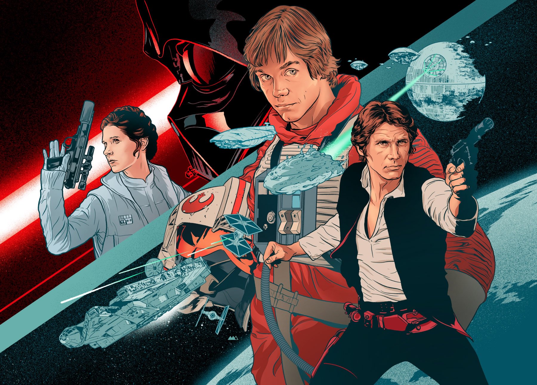 darth vader, death star, han solo, luke skywalker, millennium falcon, princess leia, tie fighter, star wars, star wars: return of the jedi, highres, 1girl, 3boys, black helmet, black pants, black vest, blonde hair, blue eyes, brown hair, gloves, gun, handgun, helmet, holding, holding gun, holding weapon, jacket, jumpsuit, martin ansin, multiple boys, open clothes, open vest, orange jumpsuit, pants, shirt, spacecraft, vest, weapon, white gloves, white jacket, white shirt