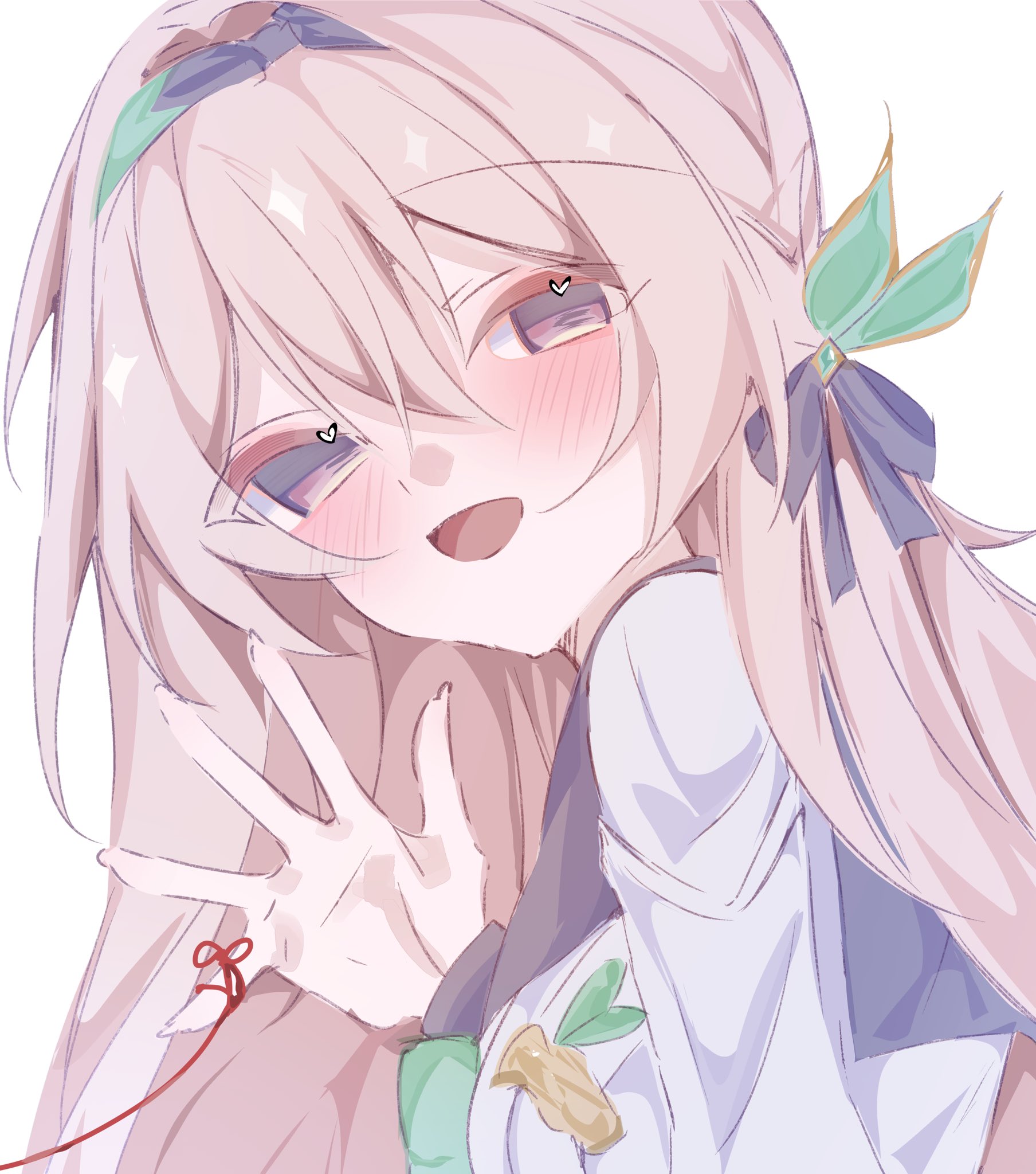 firefly (honkai: star rail), firefly (spring missive) (honkai: star rail), honkai: star rail, honkai (series), highres, 1girl, 82hi na42, black hairband, black ribbon, black sailor collar, blush, collared shirt, gradient eyes, grey hair, hair between eyes, hair intakes, hair ornament, hair ribbon, hairband, long hair, multicolored eyes, open mouth, ribbon, sailor collar, shirt, simple background, smile, solo, string, string of fate, waving, waving arm, white background, white shirt