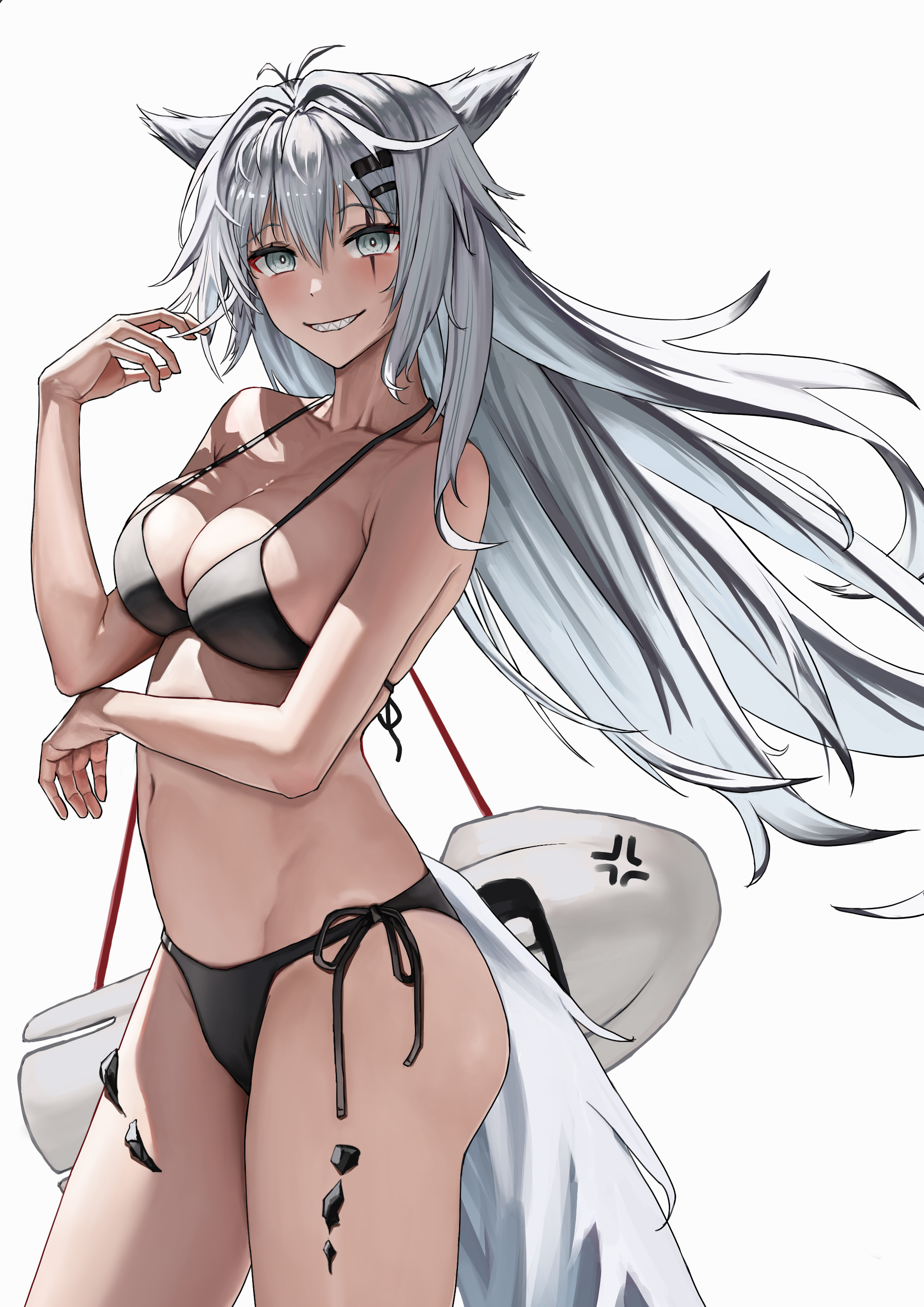 khione (yukhione), lappland (arknights), arknights, absurdres, commentary, english commentary, highres, 1girl, animal ears, bikini, black bikini, breasts, cleavage, closed mouth, collarbone, cowboy shot, grey eyes, grey hair, grey tail, grin, hair between eyes, hair ornament, hairclip, large breasts, long hair, looking at viewer, material growth, navel, oripathy lesion (arknights), scar, scar across eye, scar on face, sharp teeth, side-tie bikini bottom, simple background, smile, solo, string bikini, swimsuit, tail, teeth, white background, wolf ears, wolf girl, wolf tail