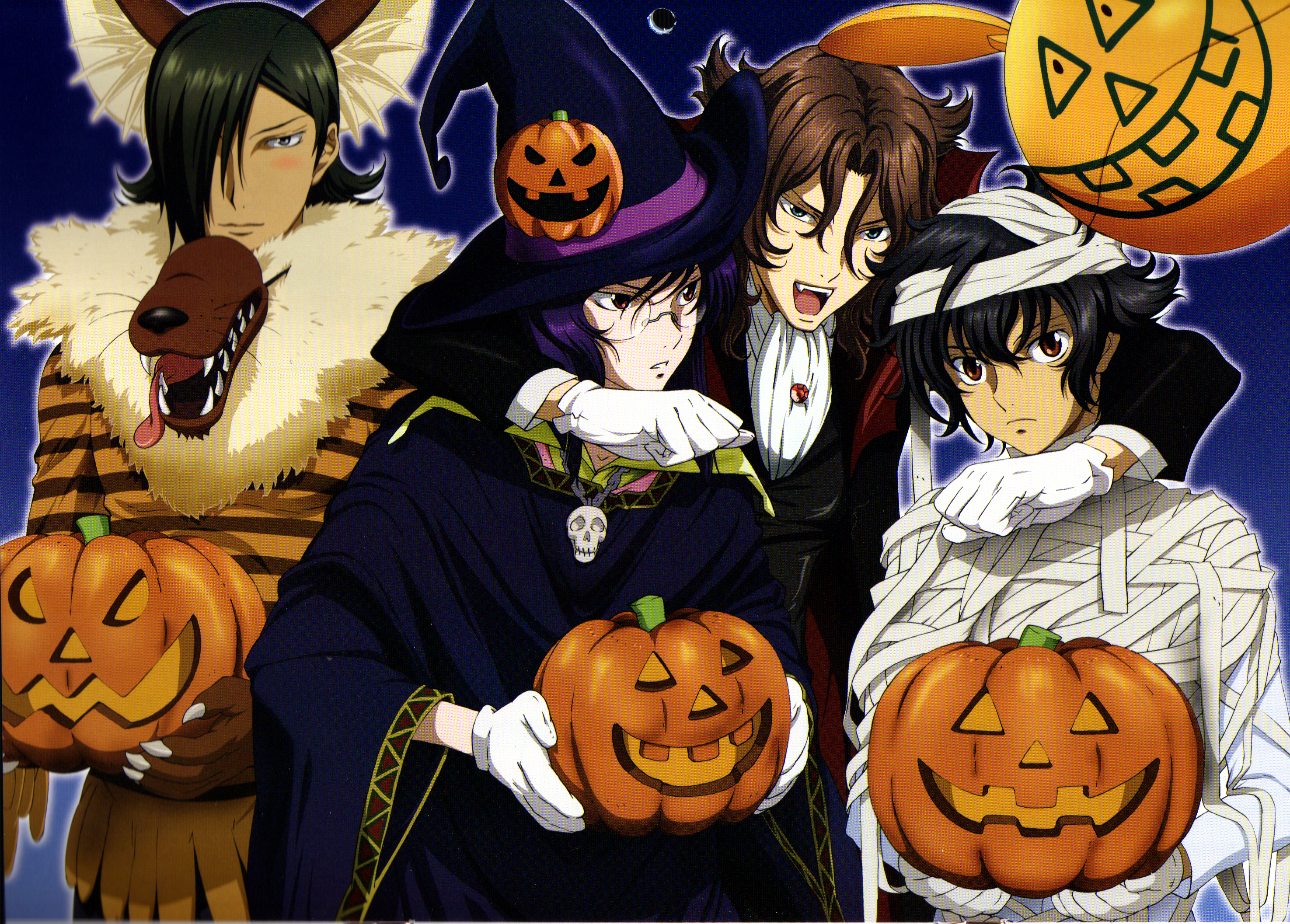 chiba michinori, allelujah haptism, haro, lockon stratos, setsuna f. seiei, tieria erde, gundam, gundam 00, highres, huge filesize, official art, scan, 00s, 4boys, bandages, black hair, blue hair, brown eyes, brown hair, gloves, hair over one eye, halloween, hat, jack-o'-lantern, male focus, multiple boys, mummy, pumpkin, skull, vampire, werewolf, witch, witch hat