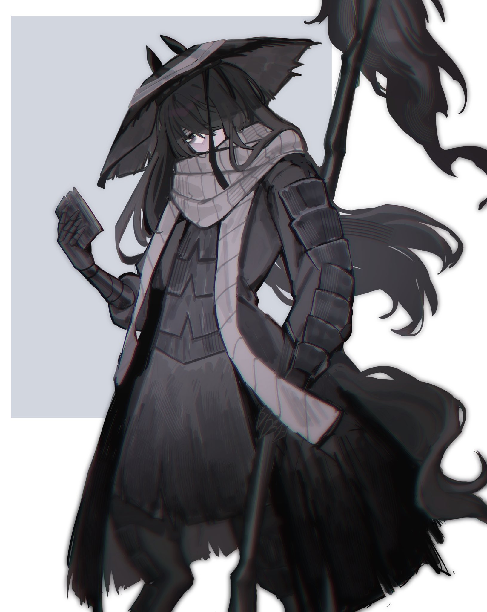 zero letter, yi sang (project moon), limbus company, project moon, highres, korean commentary, 1boy, animal ears, arm armor, armor, bags under eyes, bandage over one eye, black armor, black eyes, black hair, black hat, black robe, book, breastplate, centaur, closed mouth, conical hat, covered mouth, ears through headwear, empty eyes, expressionless, feet out of frame, gauntlets, grey background, grey scarf, guan dao, hair between eyes, hat, head tilt, heishou pack-wu branch (identity) (project moon), holding, holding book, holding polearm, holding weapon, horse boy, horse ears, long hair, male focus, one eye covered, polearm, rice hat, robe, scarf, scarf over mouth, simple background, solo, standing, taur, two-tone background, weapon, white background
