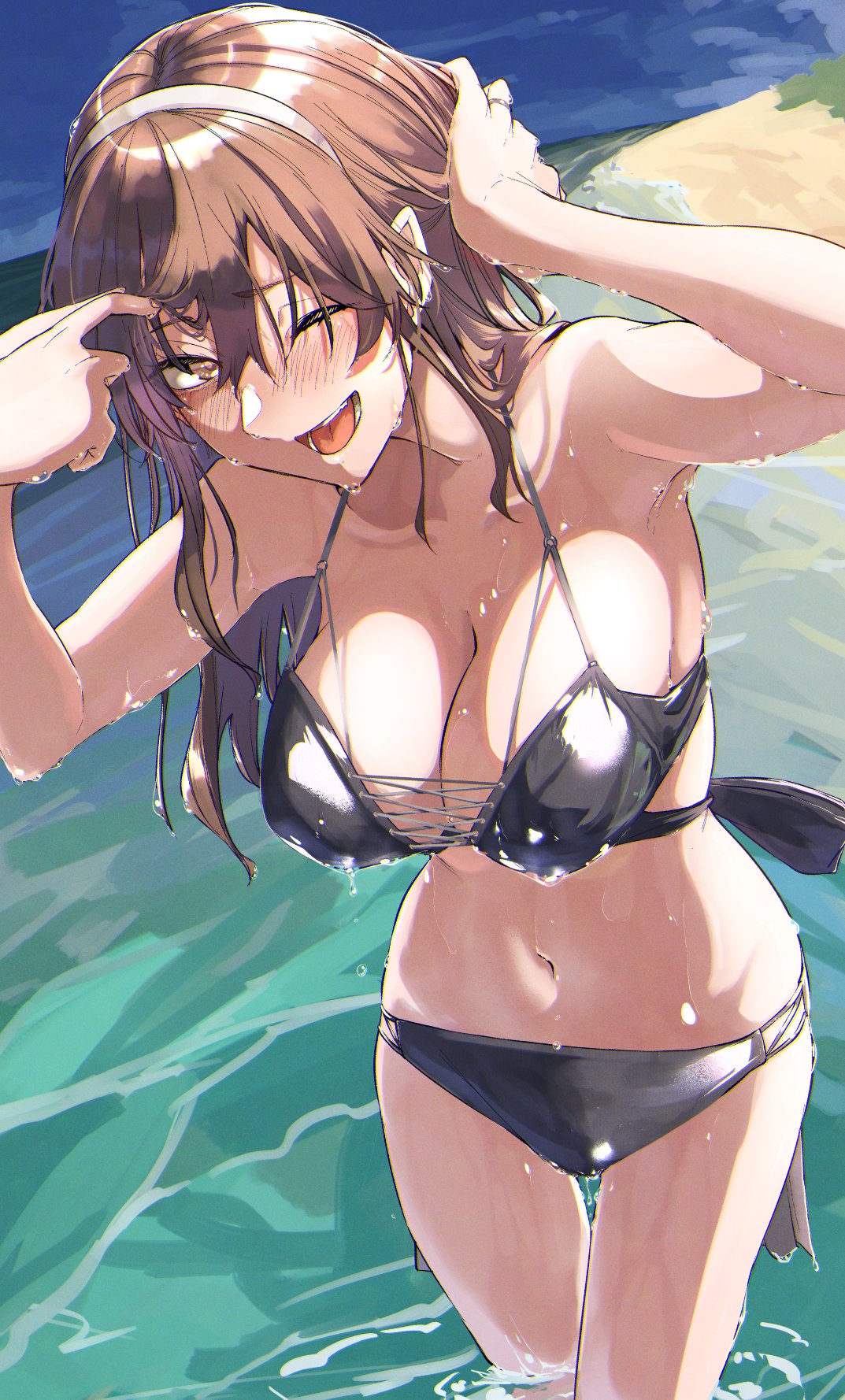 shiragiku1991, ashigara (kancolle), kantai collection, commentary request, highres, 1girl, beach, bikini, black bikini, blue sky, blush, breasts, brown eyes, brown hair, cleavage, cloud, day, hair between eyes, hairband, large breasts, long hair, looking at viewer, ocean, one eye closed, open mouth, outdoors, sky, solo, swimsuit, wading, water, wet, wet clothes, wet hair, wet swimsuit, white hairband
