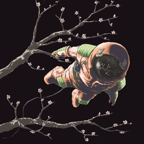 ymr, original, gender request, lowres, androgynous, astronaut, floating, flower, oekaki, plum blossoms, science fiction, solo, spacesuit, tree, zero gravity