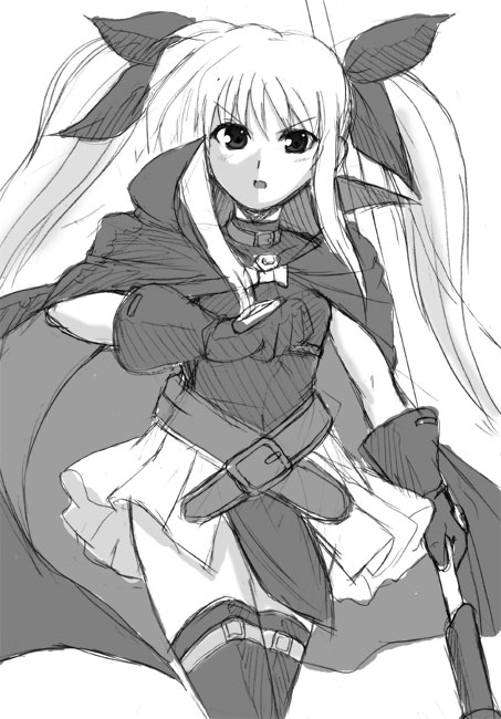 yasakani an, fate testarossa, lyrical nanoha, mahou shoujo lyrical nanoha, 00s, 1girl, female focus, greyscale, monochrome, solo, thighhighs