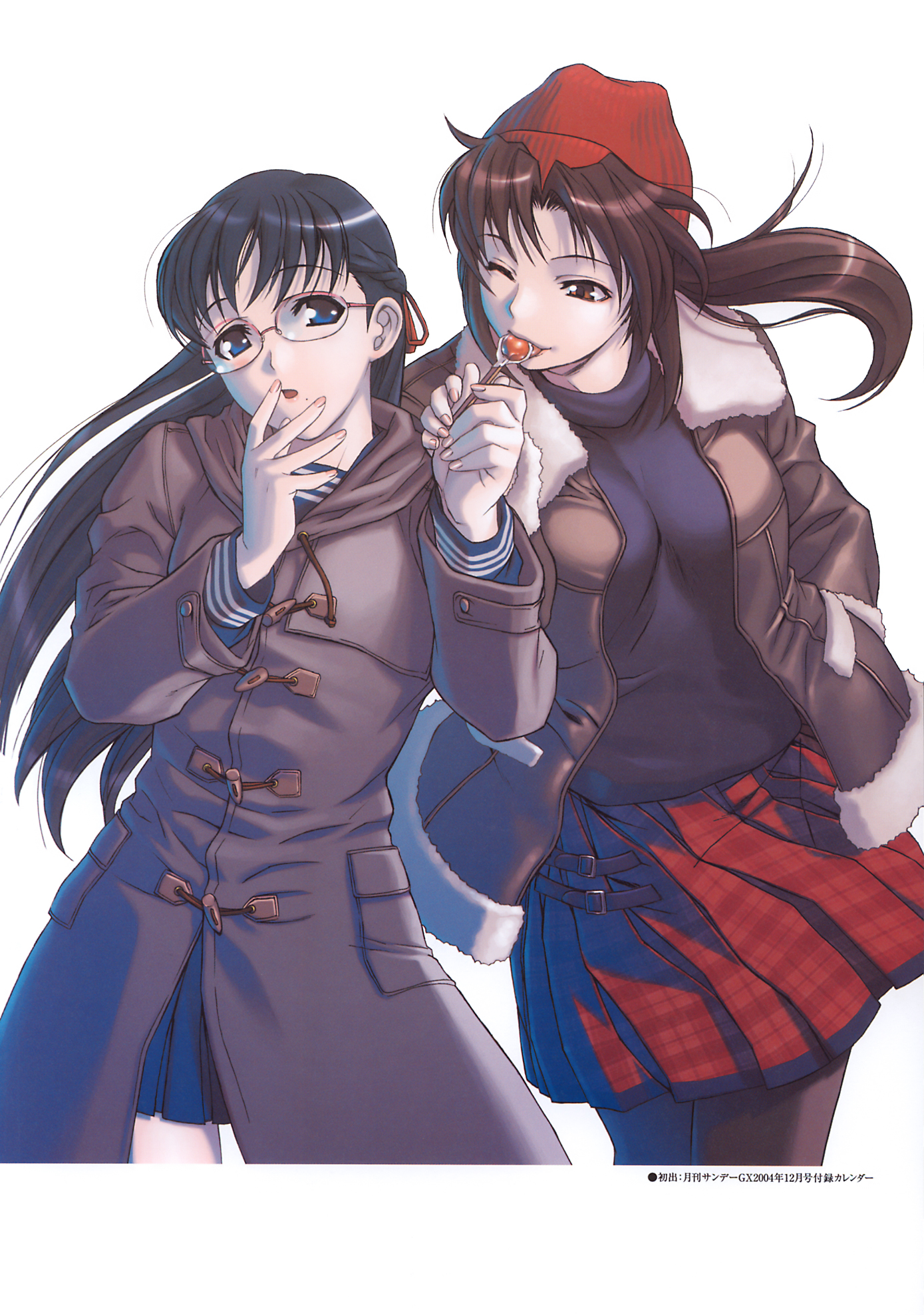 hiroe rei, revy (black lagoon), washimine yukio, black lagoon, highres, 00s, 2girls, beanie, candy, coat, glasses, hat, lollipop, multiple girls, pantyhose