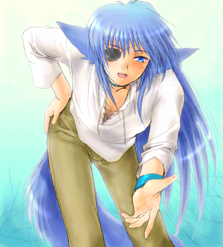 yagisaka seto, follower (yagisaka seto), original, lowres, 1boy, animal ears, blue hair, eyepatch, hand on own hip, male focus, monster boy, oekaki, open mouth, solo, tail